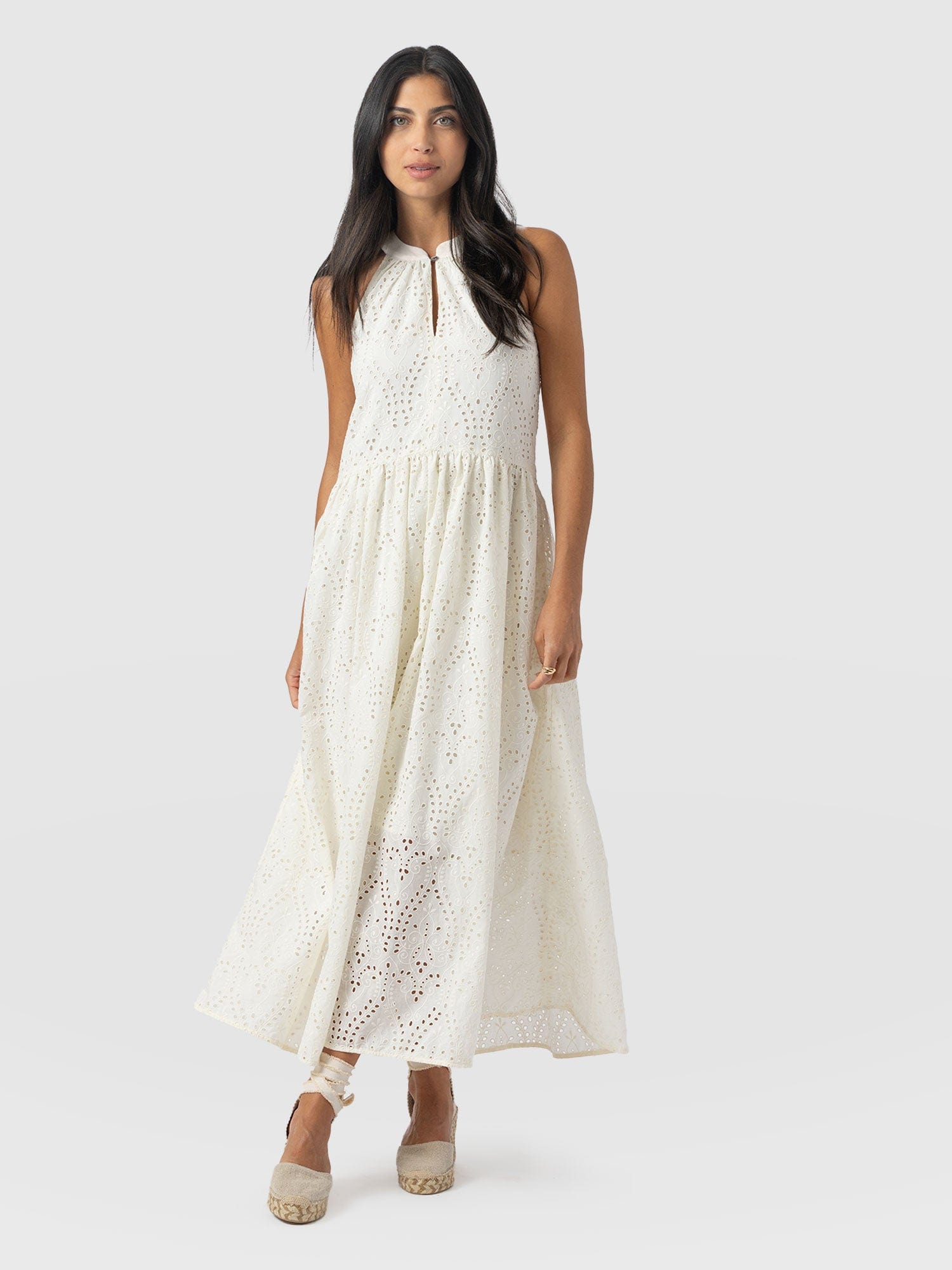 Zoey Halter Neck Dress - White Broderie